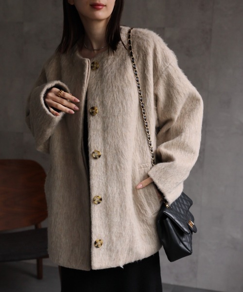 【saqui】モヘアシャギーノーカラーコート　新品　未着用 saqui】モヘアシャギーノーカラーコート - メルカリ