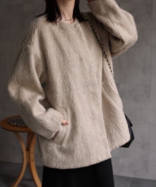 セール】シャギー ノーカラーコクーンコート（ノーカラーコート