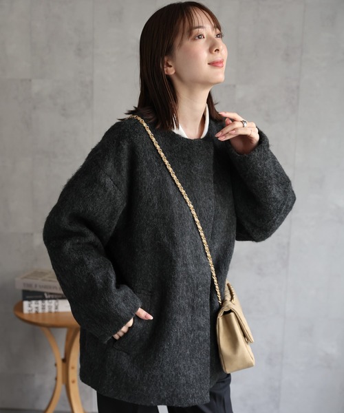 セール】シャギー ノーカラーコクーンコート（ノーカラーコート