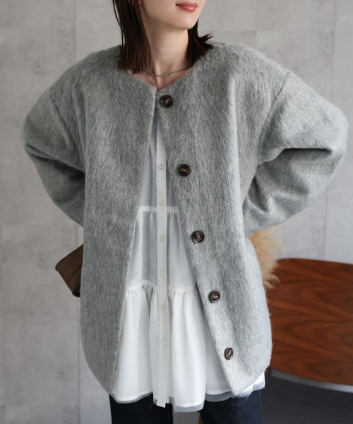 セール】シャギー ノーカラーコクーンコート（ノーカラーコート