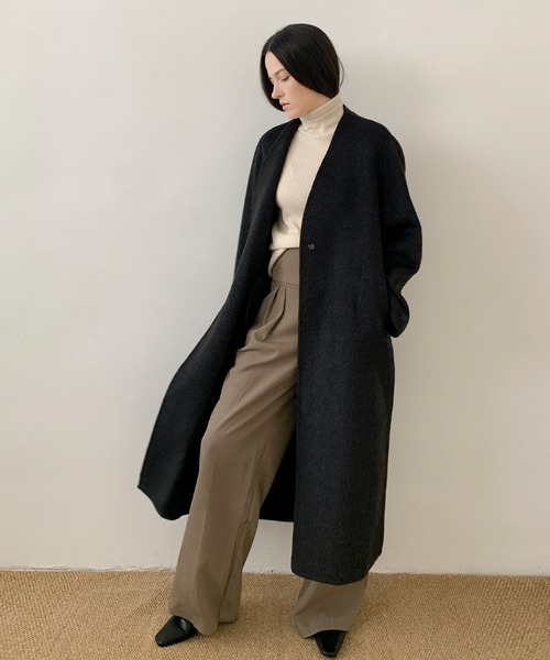 セール】DECADE CLASSIC ノーカラーリバーウールコート（ノーカラー