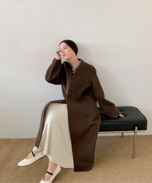 セール】DECADE CLASSIC ノーカラーリバーウールコート（ノーカラー