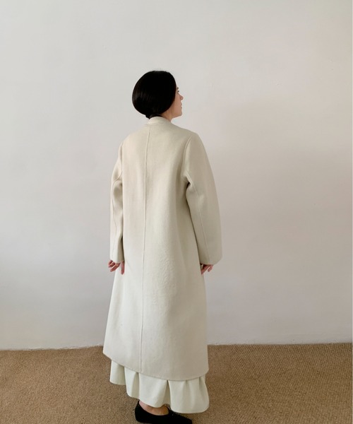 セール】DECADE CLASSIC ノーカラーリバーウールコート（ノーカラー