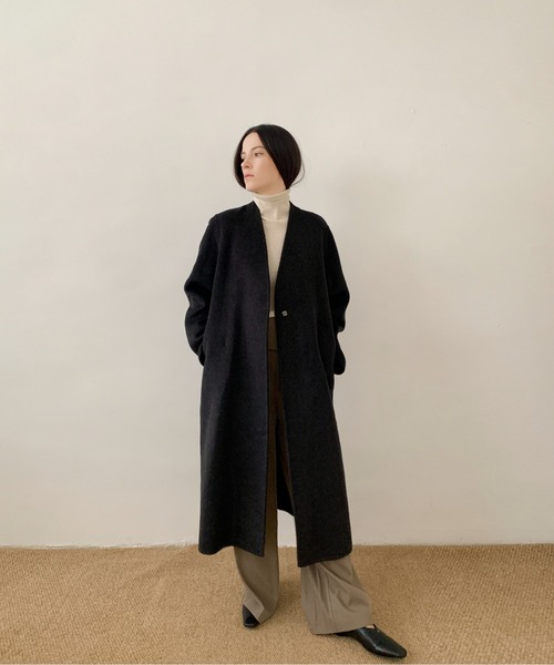 セール】DECADE CLASSIC ノーカラーリバーウールコート（ノーカラー