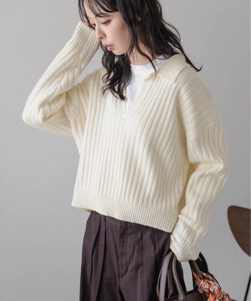 AMELY（エミリー）の「スキッパーデザインニットトップス（ニット/セーター・レディース・アイボリー/グレー/ブラック/モスグリーン/ブラウン・フリー）」の8枚目の写真