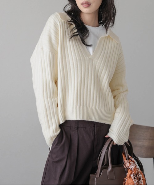 AMELY（エミリー）の「スキッパーデザインニットトップス（ニット/セーター・レディース・アイボリー/グレー/ブラック/モスグリーン/ブラウン・フリー）」の9枚目の写真