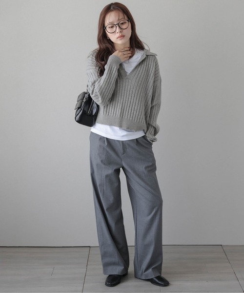 AMELY（エミリー）の「スキッパーデザインニットトップス（ニット/セーター・レディース・アイボリー/グレー/ブラック/モスグリーン/ブラウン・フリー）」の12枚目の写真