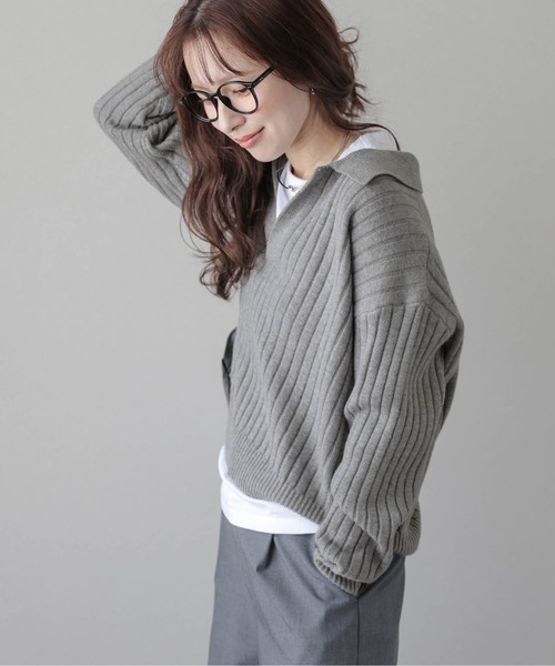 AMELY（エミリー）の「スキッパーデザインニットトップス（ニット/セーター・レディース・アイボリー/グレー/ブラック/モスグリーン/ブラウン・フリー）」の13枚目の写真