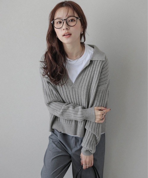 AMELY（エミリー）の「スキッパーデザインニットトップス（ニット/セーター・レディース・アイボリー/グレー/ブラック/モスグリーン/ブラウン・フリー）」の14枚目の写真