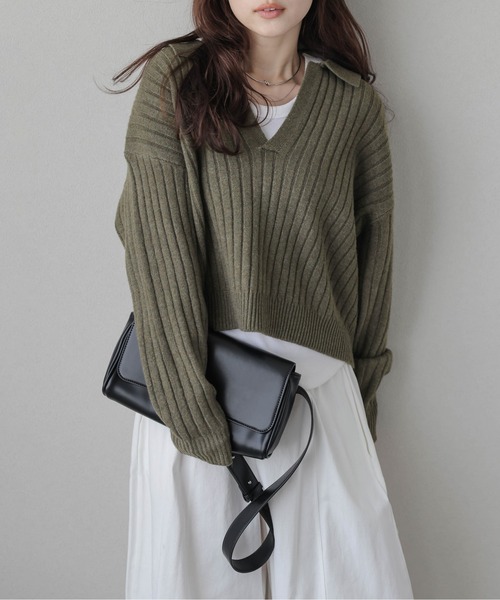 AMELY（エミリー）の「スキッパーデザインニットトップス（ニット/セーター・レディース・アイボリー/グレー/ブラック/モスグリーン/ブラウン・フリー）」の20枚目の写真