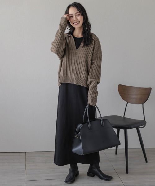 AMELY（エミリー）の「スキッパーデザインニットトップス（ニット/セーター・レディース・アイボリー/グレー/ブラック/モスグリーン/ブラウン・フリー）」の16枚目の写真