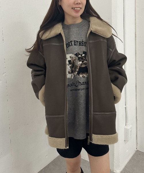 セール】フェイクレザーミドルムートンジャケット（ムートンコート
