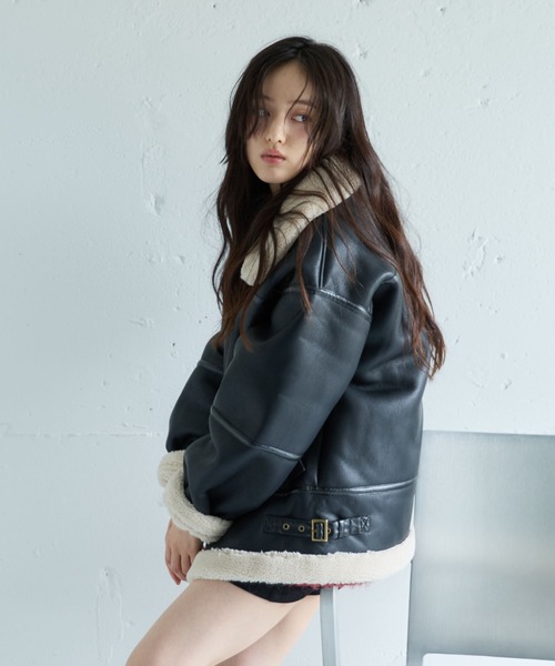 セール】フェイクレザーミドルムートンジャケット（ムートンコート