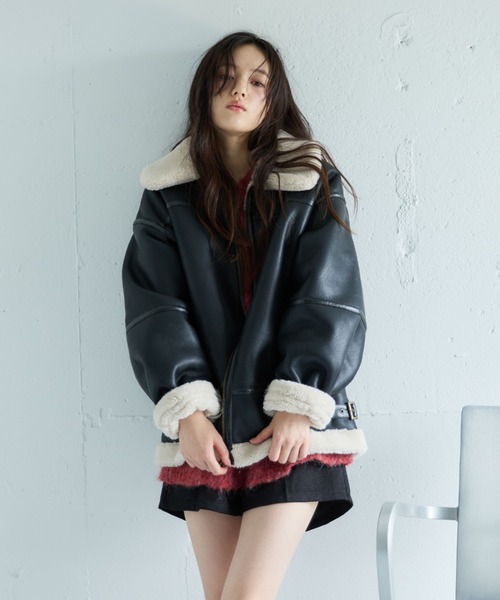 セール】フェイクレザーミドルムートンジャケット（ムートンコート