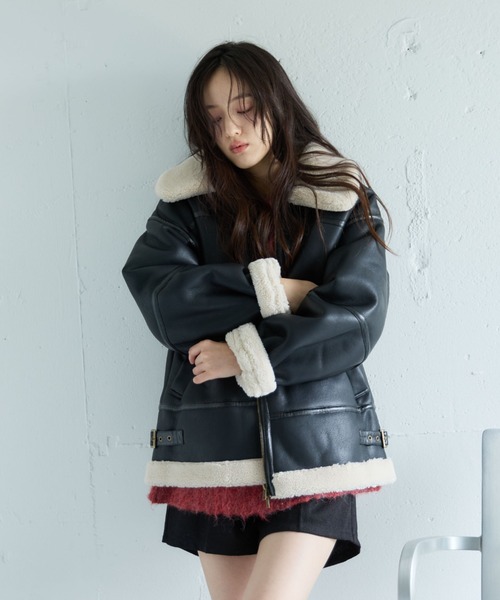 年末セール♡レザームートンジャケット♡ セール】フェイクレザーミドルムートンジャケット（ムートンコート