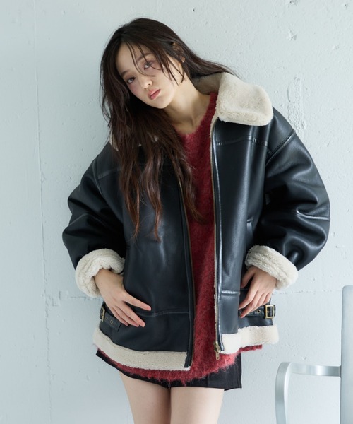 セール】フェイクレザーミドルムートンジャケット（ムートンコート