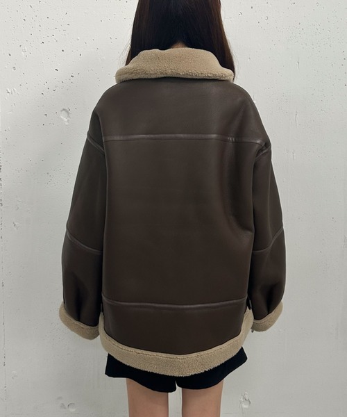 セール】フェイクレザーミドルムートンジャケット（ムートンコート