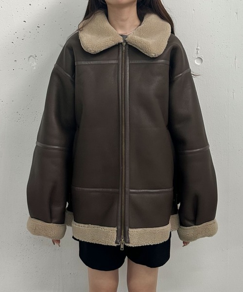 ジャケット・アウター archive real leather mouton far jacket セール】フェイクレザーミドルムートンジャケット（ムートンコート