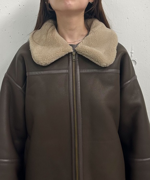 ジャケット・アウター archive real leather mouton far jacket セール】フェイクレザーミドルムートンジャケット（ムートンコート