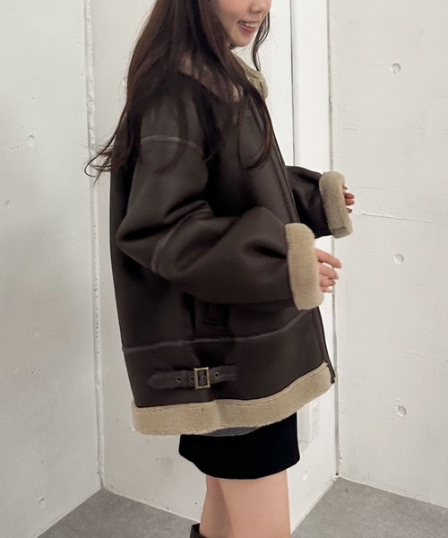 セール】フェイクレザーミドルムートンジャケット（ムートンコート