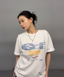 ブルースター デニム ESCF ロゴ コラージュプリント オーバーサイズ 半袖Tシャツ ホワイト