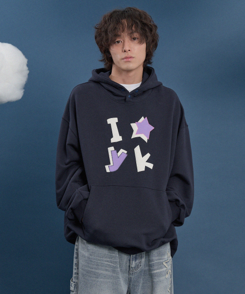 YKチェックアップリケフードTシャツネイビー