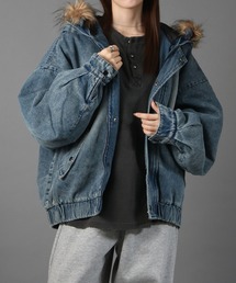 NYLAUS（ナイラス）の「【NYS】ショート丈 フードファー 中綿 デニムジャケット ボンバージャケット ボマージャケット ファーブルゾン（ブルゾン）」