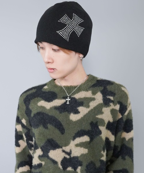 シングルニットビーニー/ストーン/クロススカル/Y2K・グランジ韓国