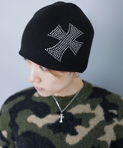 シングルニットビーニー/ストーン/クロススカル/Y2K・グランジ韓国