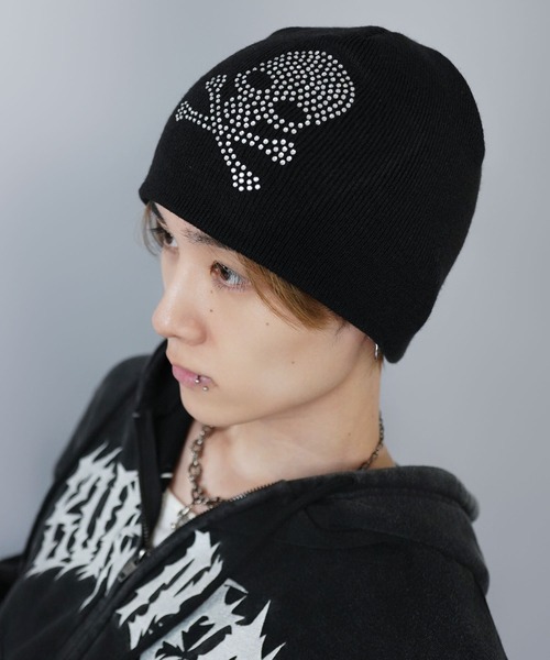シングルニットビーニー/ストーン/クロススカル/Y2K・グランジ韓国