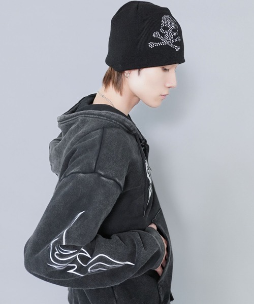 シングルニットビーニー/ストーン/クロススカル/Y2K・グランジ韓国