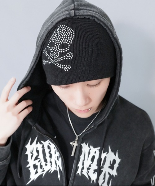 シングルニットビーニー/ストーン/クロススカル/Y2K・グランジ韓国