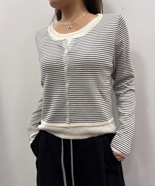 Nu(ニュー)の「【Nu】レイヤード風カーディガン(Tシャツ/カットソー・レディース・ブラック×ホワイト/グレー/ホワイト×ブラック/ブラック/カーキ・MEDIUM)」の1枚目の写真