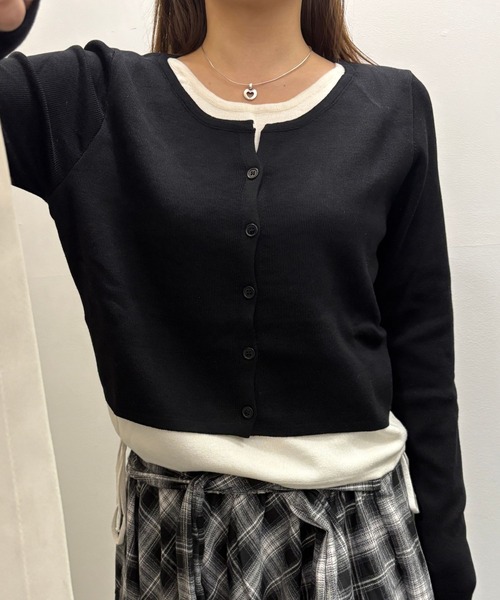 Nu(ニュー)の「【Nu】レイヤード風カーディガン(Tシャツ/カットソー・レディース・ブラック×ホワイト/グレー/ホワイト×ブラック/ブラック/カーキ・MEDIUM)」の2枚目の写真