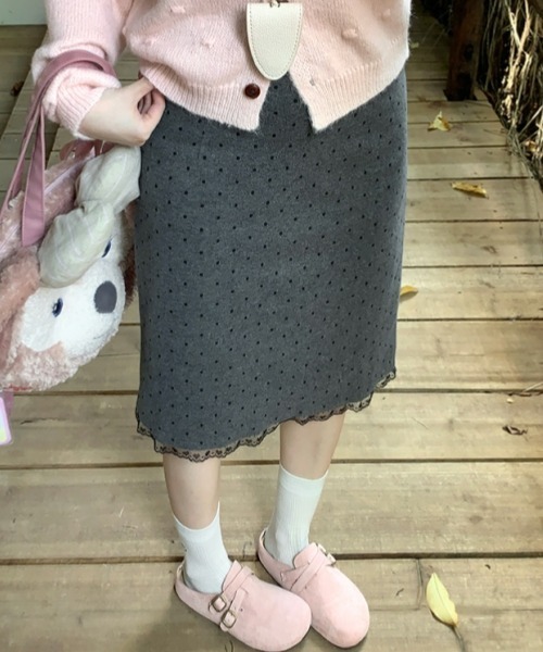 gossip!ロサンゼルス(ゴシップロサンゼルス)の「Y2Kガーリーレトロドット×レースAラインスカート/ミディ丈(スカート・レディース・グレー・L/M/S)」の3枚目の写真