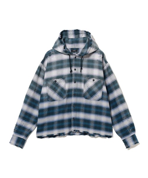 BEAMS(ビームス)の「ダメージ フード チェック シャツ【ワイドショートフィット】(シャツ/ブラウス・メンズ・ブラック/ネイビー・S/M/L/XL)」の2枚目の写真