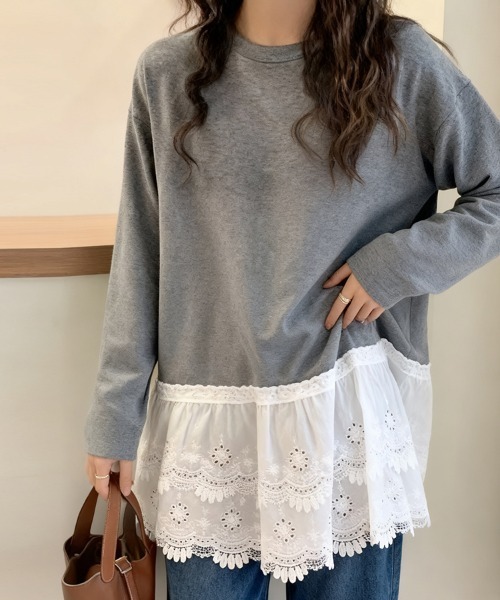 ReRe(リリ)の「レース異素材ミックストップス(Tシャツ/カットソー・レディース・ホワイト/グレー・MEDIUM/LARGE)」の6枚目の写真