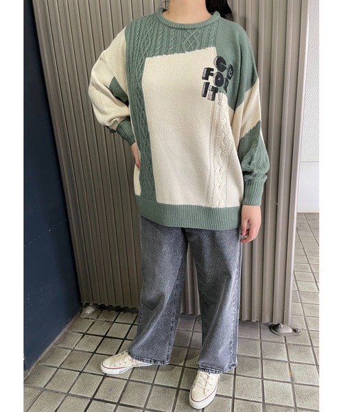 WORLD WIDE LOVE!（ワールドワイドラブ）の「GO FOR IT ! パネル配色編みプルオーバー（ニット/セーター・レディース・グリーン/ブルー/ブラック・1）」の3枚目の写真