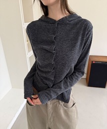 4INT.（フォイント）の「シャーリング 無地 フード付き 長袖 カーディガン（カーディガン/ボレロ）」