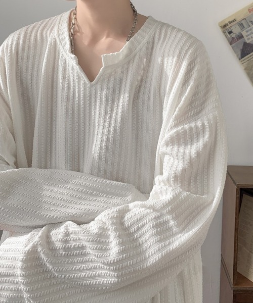 SHEPP（シープ）の「【26年春新作】キーネックワッフルルーズロンT（Tシャツ/カットソー・メンズ・ブラック/ホワイト・L/M）」の3枚目の写真