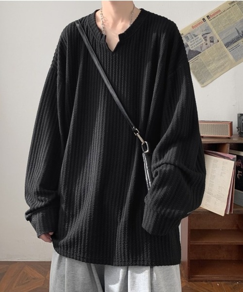 SHEPP（シープ）の「【26年春新作】キーネックワッフルルーズロンT（Tシャツ/カットソー・メンズ・ブラック/ホワイト・L/M）」の4枚目の写真
