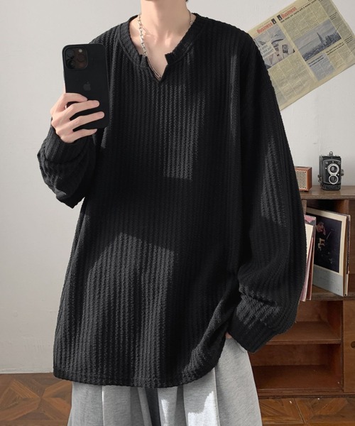 SHEPP（シープ）の「【26年春新作】キーネックワッフルルーズロンT（Tシャツ/カットソー・メンズ・ブラック/ホワイト・L/M）」の6枚目の写真
