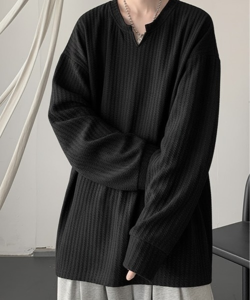 SHEPP（シープ）の「【26年春新作】キーネックワッフルルーズロンT（Tシャツ/カットソー・メンズ・ブラック/ホワイト・L/M）」の5枚目の写真