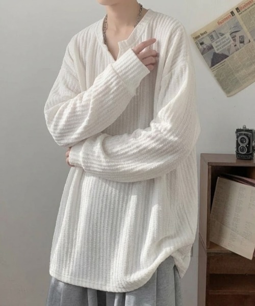 SHEPP（シープ）の「【26年春新作】キーネックワッフルルーズロンT（Tシャツ/カットソー・メンズ・ブラック/ホワイト・L/M）」の14枚目の写真