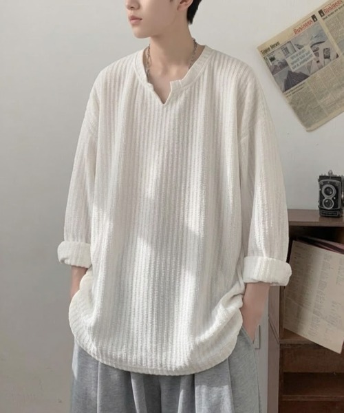SHEPP（シープ）の「【26年春新作】キーネックワッフルルーズロンT（Tシャツ/カットソー・メンズ・ブラック/ホワイト・L/M）」の13枚目の写真