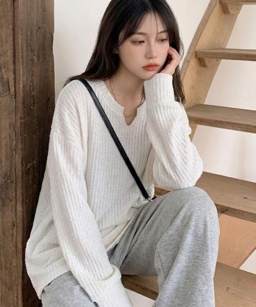 SHEPP（シープ）の「【26年春新作】キーネックワッフルルーズロンT（Tシャツ/カットソー・メンズ・ブラック/ホワイト・L/M）」の18枚目の写真