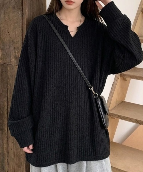 SHEPP（シープ）の「【26年春新作】キーネックワッフルルーズロンT（Tシャツ/カットソー・メンズ・ブラック/ホワイト・L/M）」の16枚目の写真