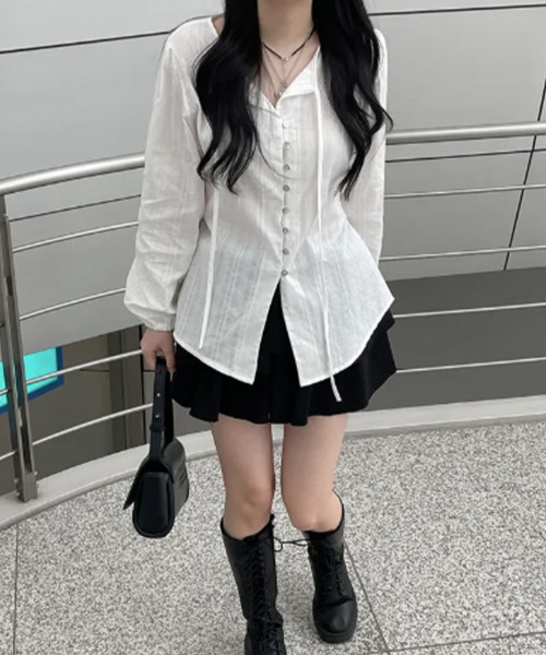VIVID LADY（ビビッドレディー）の「2WAYリボン付き エンボスブラウス（シャツ/ブラウス・レディース・ブラック/ホワイト・FREE）」の16枚目の写真