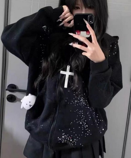 セール】きらきらラインストーンジップパーカー（パーカー）｜おしゃれ