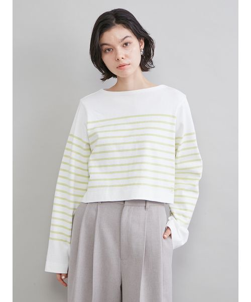 Mila Owen（ミラオーウェン）の「ボートネック短丈パネルボーダー（Tシャツ/カットソー・レディース・ブラック/ブルー/ライム・F）」の2枚目の写真